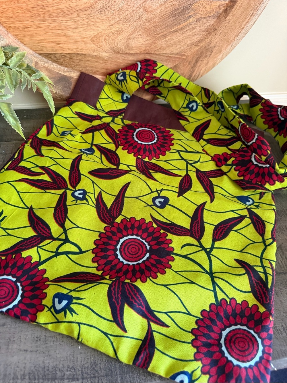 Shopper Tote with African Floral Lime Green Fabric Handmade Bag Shoulder Bag